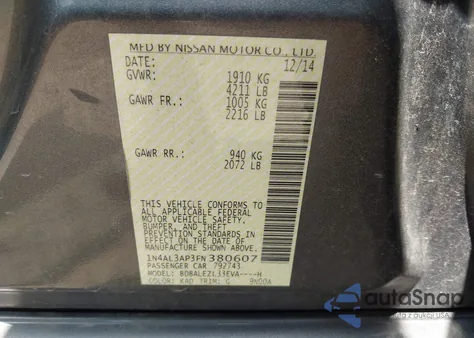 2015 Nissan Altima 2.5 S из США, поврежденный, VIN 1N4AL3AP3FN380607